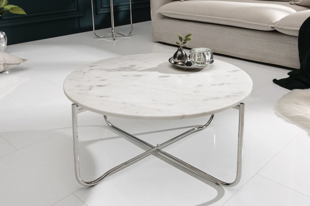 Meublorama Table basse ronde blanche et argentée en marbre et fer 62x33x59cm Blanc 62x33x59cm