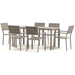 RATTATAN Gartenset mit rechteckigem Tisch 156x78 cm, 6 stapelbaren Sesseln mit Armlehnen, Stahlgestell und Polypropylenplatte – Thomas+Adele – Champagner