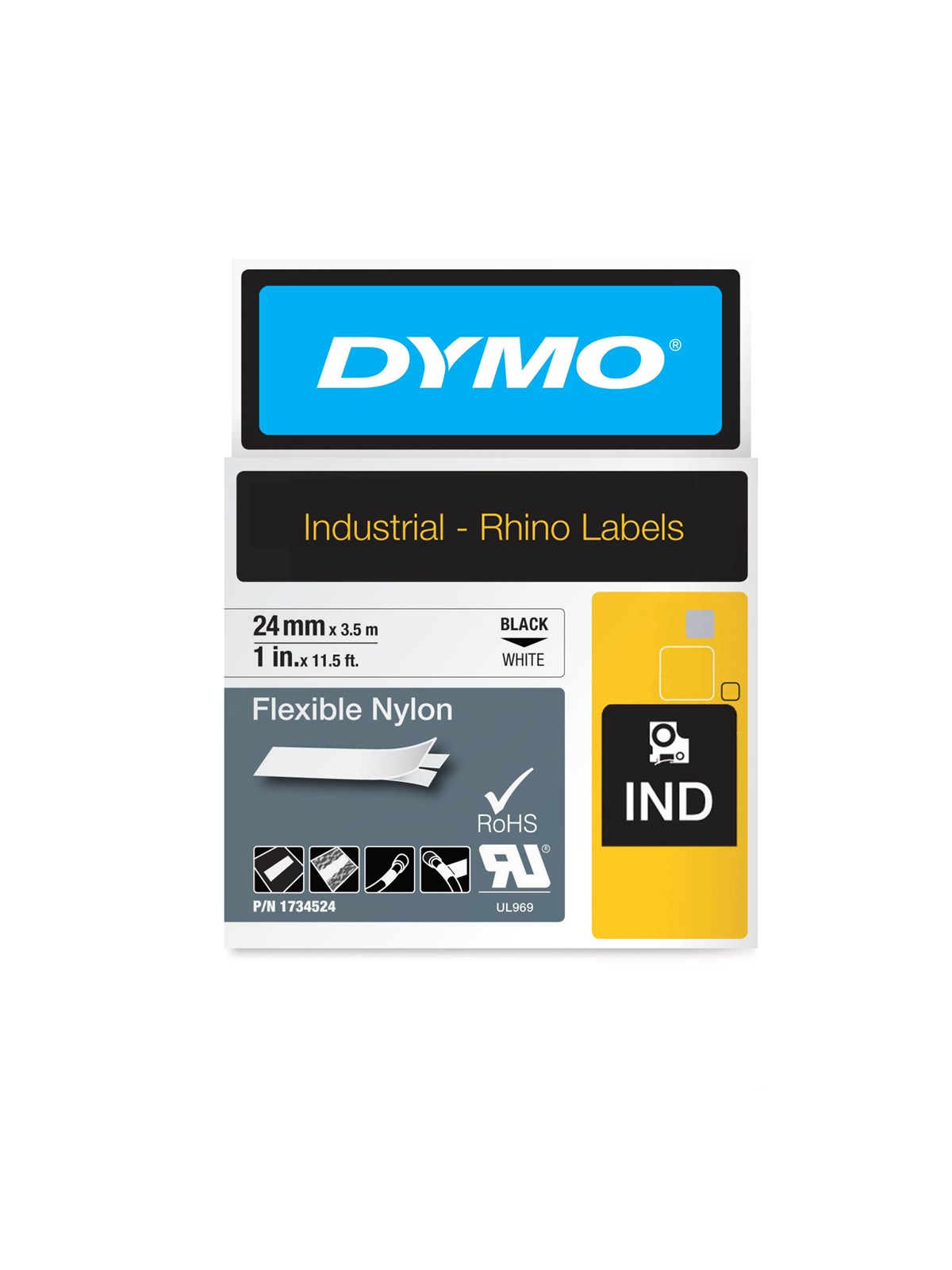 DYMO Rhino Industrie Nylonetiketten | flexibel | 24 mm x 3,5 m | schwarze Schrift auf weißem Untergrund