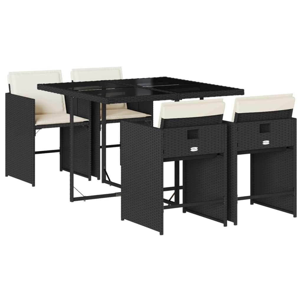 Garten-Essgruppe 5-tlg., platzsparend, Poly Rattan Schwarz, Hartglas-Tisch, 4 Stühle mit Cremeweiß-Kissen, UV-beständig, 110x106x73 cm
