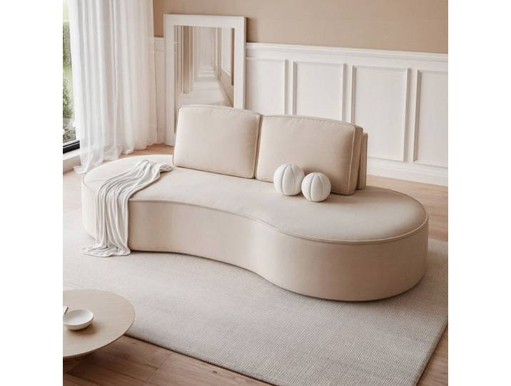 Canape Convertible SOFIA - 2 places - Canapé Arrondi Tissus Amovibles - Velours élégant brillant - Beige