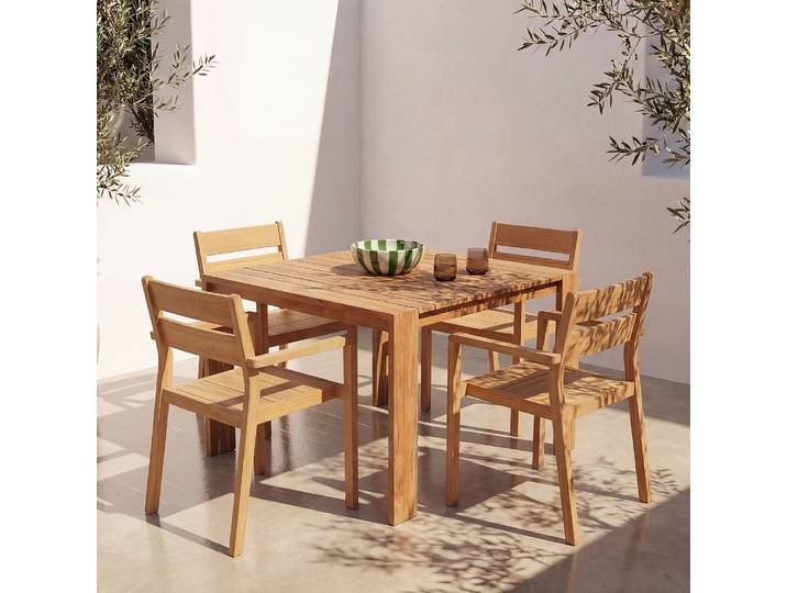 HABITAT - Ensemble table à manger carrée et 4 chaises de jardin en teck massif - Naturel - Calvia