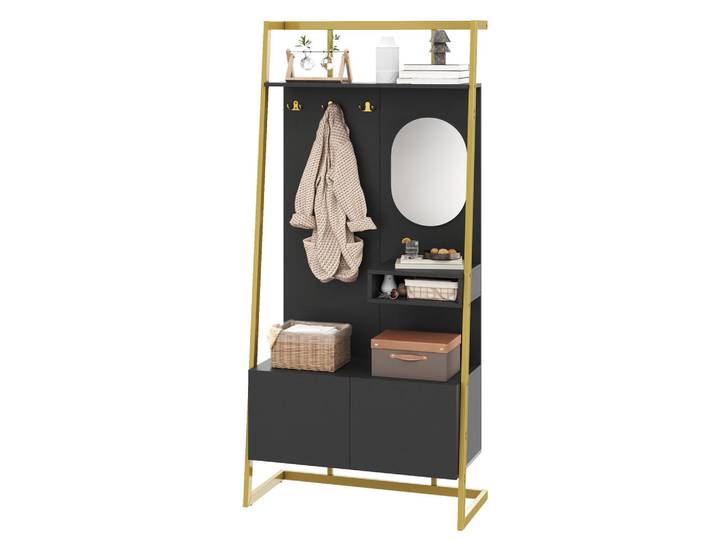 Flieks Garderobe Kompakt Spiegel Schuhbank Metallhaken, Schwarz, 78x180.5x38.5 cm, Garderobe, Garderoben-Sets & Garderoben-Serien, Garderoben-Sets