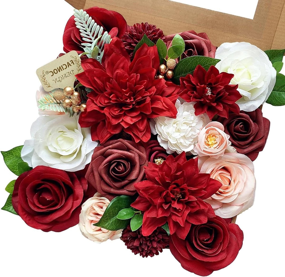 Kunstbloemen Boeket met 21 Rode Bordeaux Rozen van Zijde voor Bruiloft Decoratie
