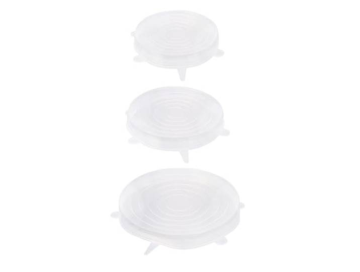 COOK CONCEPT Lot de 3 Couvercles Flexibles en Silicone Réutilisables Ronds Lot de 3\, silicone\, flexibles\, réutilisables\, Ø 14\,5 16\,5 20\,5 cm\, contenants aliments\, lavables\, écologiques\, transparent