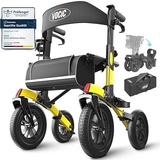 Rollator Faltbar und Leicht mit Sitz,Outdoor Rollator mit Gummi-Nonluftbereifung für Allen Gelände,Aluminium Höhenverstellbare Rollatoren für Draußen&Langlauf&Reisen,Gelb(5 Jahre Support)