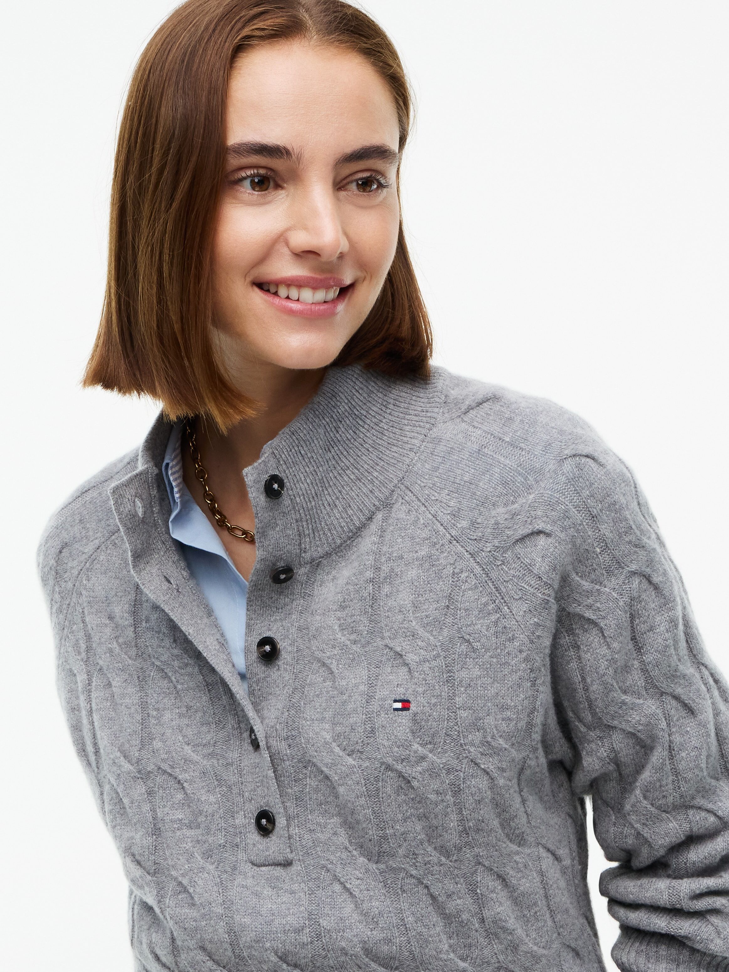 Wollpullover TOMMY HILFIGER "SOFT WOOL CABLE MK-NK HENLEY", Damen, Gr. XL (46), grau (medium grau heather), Strick, Obermaterial: 100% Wolle, meliert, unifarben, normal, Rundhals, Pullover Wollpullover, Wolle, mit Zopfmuster