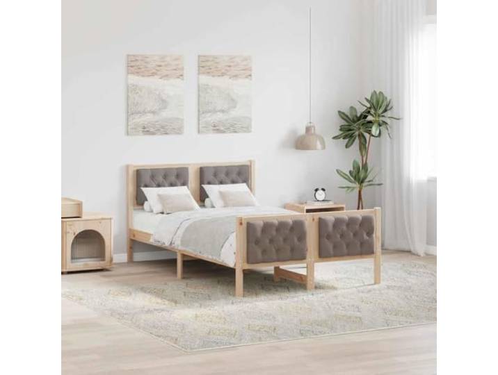 Massives Kiefernholz mit Polster Kopfteil Modernes Design 120 x 190 cm Bettrahmen mit Kopfteil Taupe 120x190 cm Massives Kiefernholz Stabil Bettgestell mit Polster Kopfstütze Lattenrost