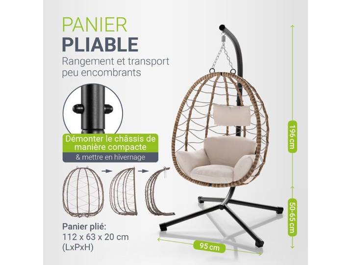 Juskys Fauteuil suspendu Aria avec coussin jardin – réglable pliable – 130 kg – beige