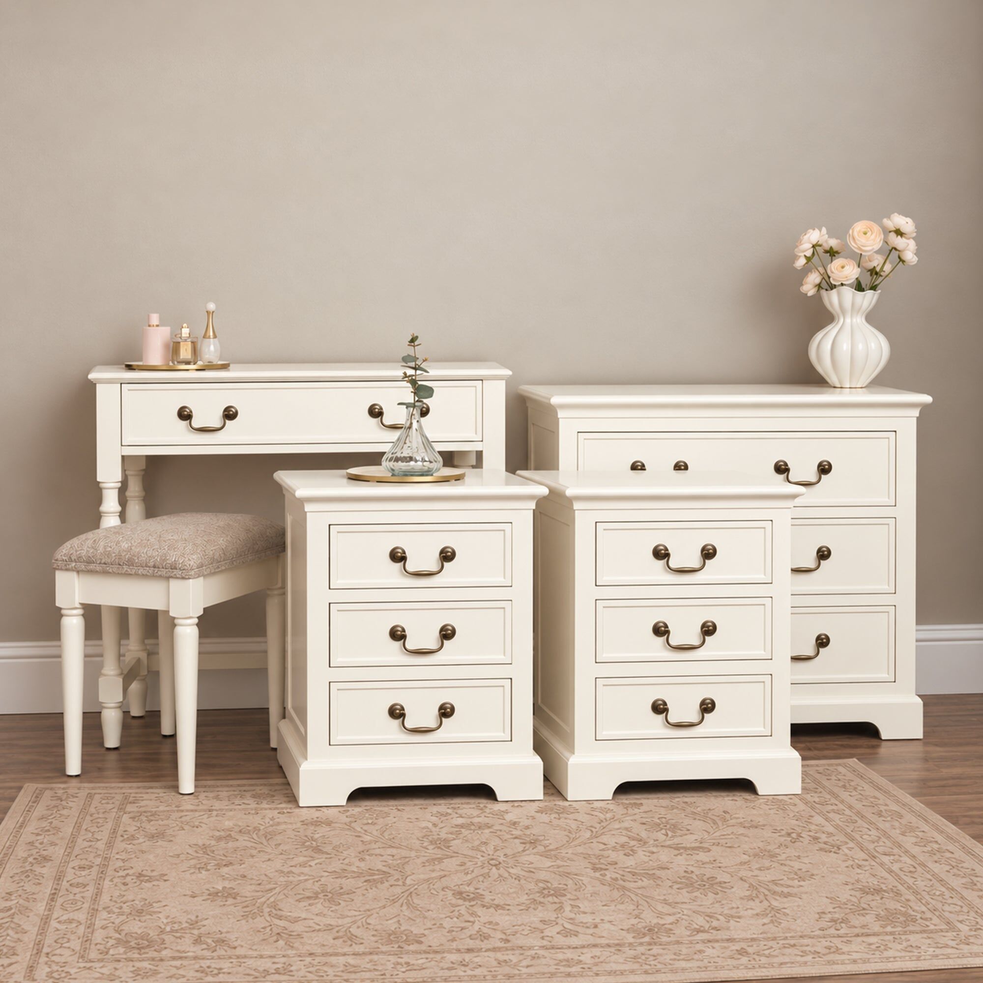 Ivory 3 Drawer Chest of Drawers, Dressing Table Set & Pair of 3 Drawer Bedside Tables - Charlotte Ivory Range Wood, Metal
