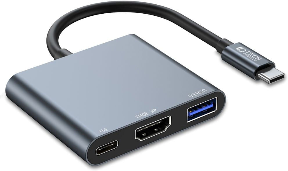 Tech-Protect 3-in-1 USB-C Multiport V1 Hub - USB-A / USB-C / HDMI - Grå