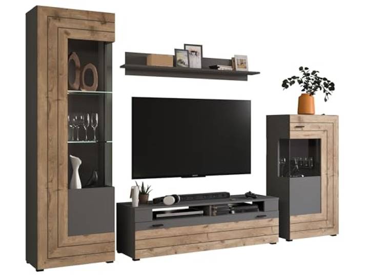 Newroom Wohnwand Grau Eiche modern mit Beleuchtung Wohnzimmer Schrankwand