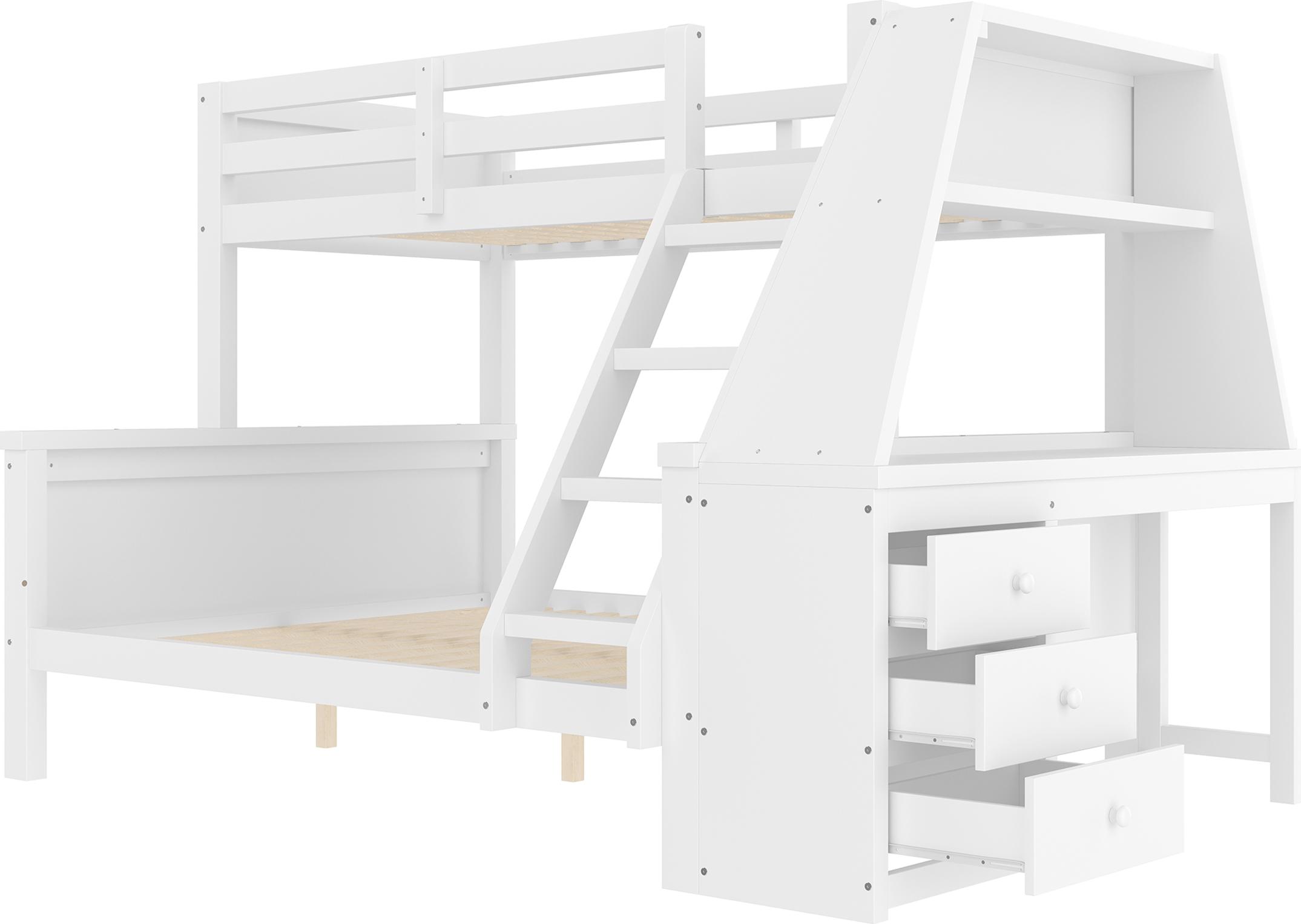 90*200cm+140*200cm Etagenbett, Kinderbett, ausgestattet mit Tisch, großer Stauraum, hohes Geländer,Leiterposition optional, Weiß