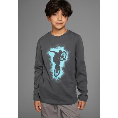 Langarmshirt KIDSWORLD "BIKER Druck", Jungen, Gr. 152/158, grau (anthrazit), Jersey, Obermaterial: 100% Baumwolle, bedruckt, Basic hüftlang, Rundhals, Shirts Langarmshirt, lässiger Druck für Jungen