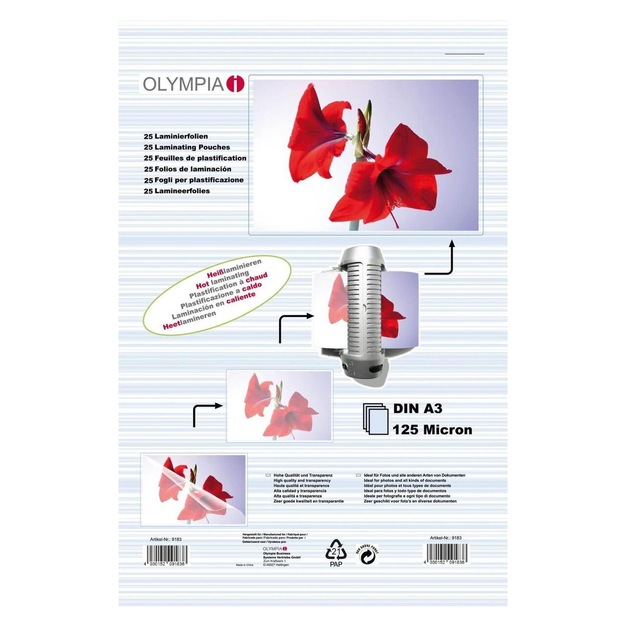 Olympia 1x25 Laminierfolien DIN A3 125 micron (A3, 25 Stk., 125 µm) (9183)