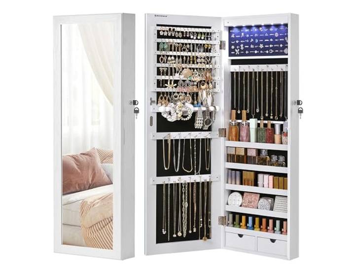 SONGMICS Schmuckschrank hängend, Wandspiegel, 6 LED-Glühbirnen