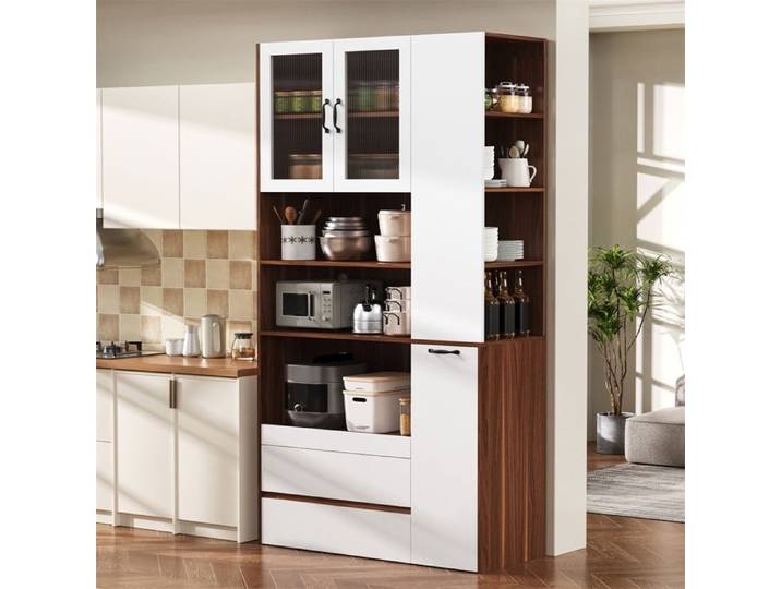 Buffet de Cuisine Haut - 100x40x200cm - Vaisselier Commode 4 Portes 2 Tiroirs Verre Cannelé Étagère Coulissante - Blanc et Noyer