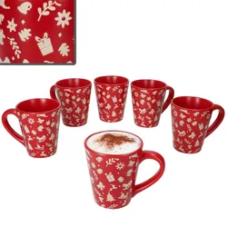 6er Set Advent Kaffeebecher 250ml Steingut Rot Creme Weihnachten Tee Glühwein