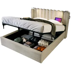 Polsterbett 160x200 mit Leselicht, Ladefunktion, USB-Anschluss, Leinenbezug, Massivholzlattenrost, hoher Komfort und Stauraum – Beigefarben