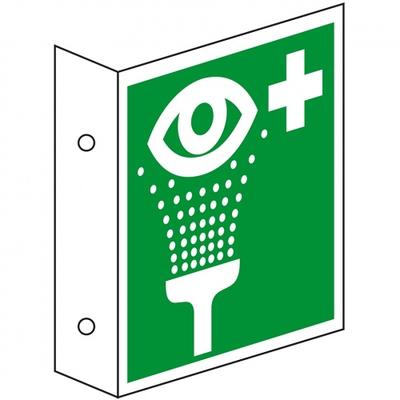 Schild I Rettungs-Fahnenschild Augenspüleinrichtung, doppelseitig, Kunststoff, 200x200mm, ASR A1.3, DIN EN ISO 7010 E011