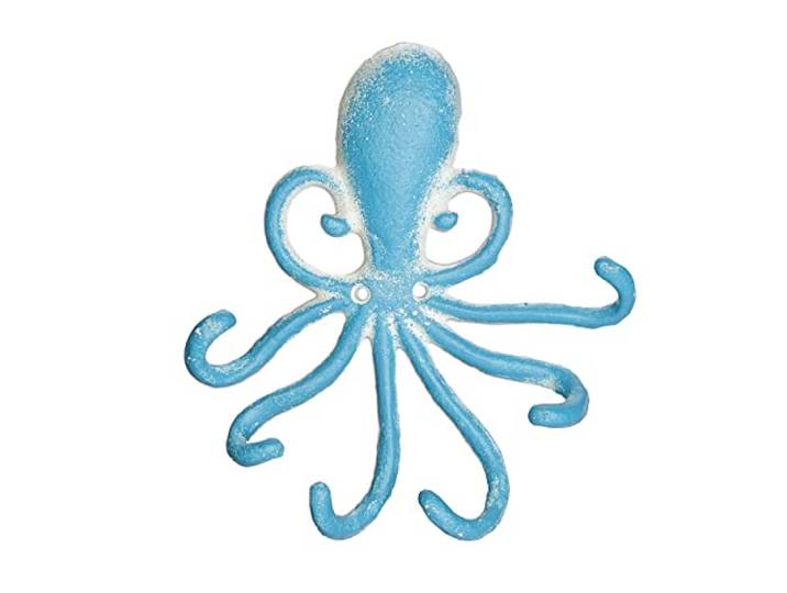 Relaxdays wandhaak octopus, 6 kapstokhaken, gietijzer, HxBxD 16,5 x 15,5 x 4 cm, antiek sleutelrekje, lichtblauw/wit