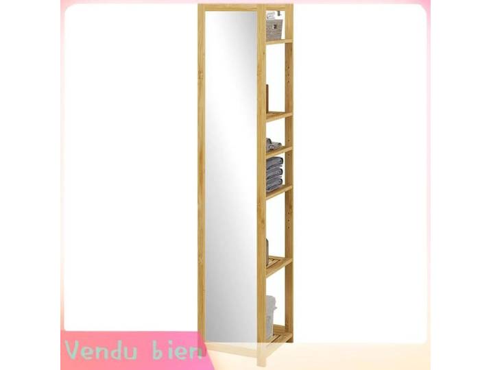 LIA Meuble colonne salle bain bambou 6 niveaux miroir naturel 35x35x168cm