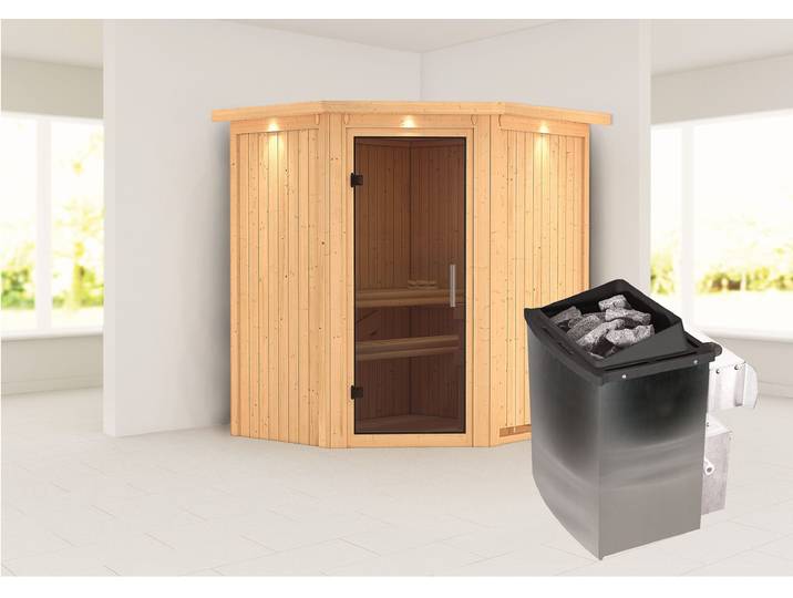 Sauna KARIBU »Liyah« mit graphitfarbene Tür und Dachkranz , beige (naturbelassen), Saunaofen, integrierte Steuerung, (ohne Ofen), Saunen, Sauna, in verschiedenen Ausführungen erhältlich