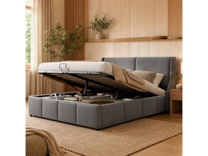 Lit coffre rembourré à tête de lit forme oreille grand coffre FloraGrace 140x190 cm velours gris