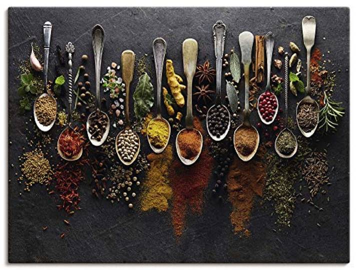 ARTLAND Wanddeko Leinwand Bilder Wandbild Küchenbilder Gewürze Schiefer Kräuter Chili Essen Bunt U1UJ