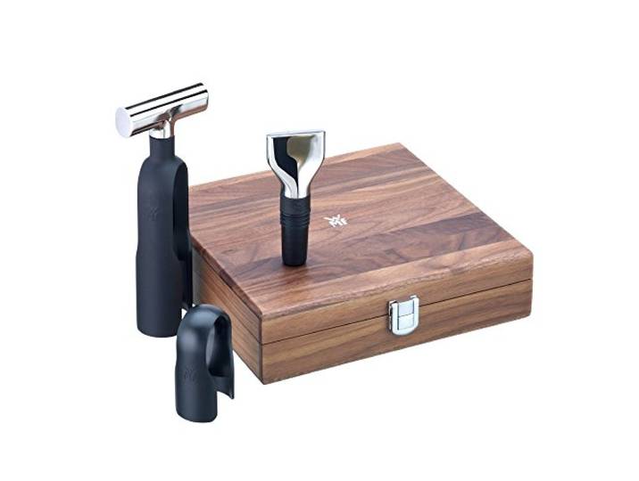 WMF Baric Wein Sommelier Set 3-teilig, Korkenzieher Set, Wein Zubehör, Folienschneider, Flaschenverschluss, in Walnussholzbox, schwarz
