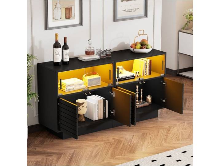 VUENOR Buffet bas 130 x 35 x 68 cm noir avec LED et portes coulissantes en verre