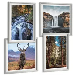 BILDER SET 4er Set - 50x50 cm & 40x60 cm Silberner Rahmen - Wasserfall Wald Berge Hirsch Natur