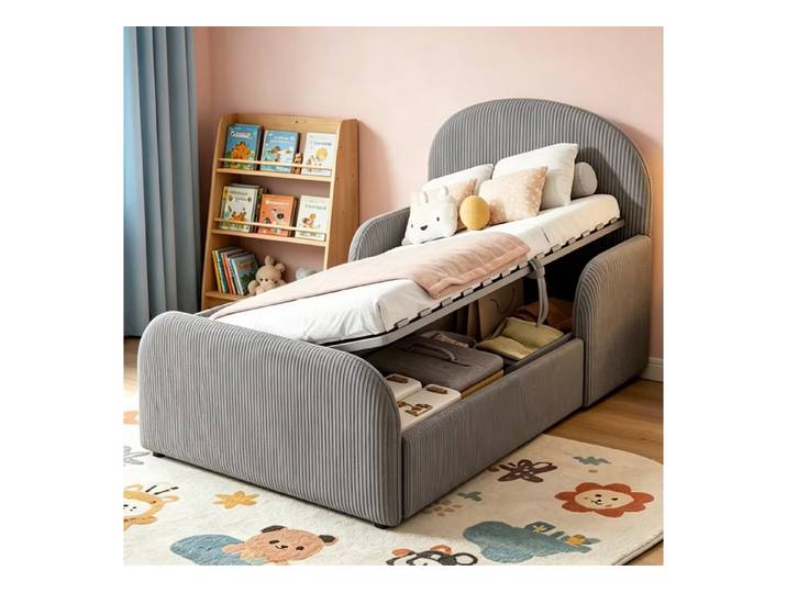 OKWISH Polsterbett Stauraumbett Kinderbett (mit hydraulischem Stauraum, hohem Kopfteil und halbhohen Sicherheits-Handläufen, Samtbettgestell mit Fußteil, 90x200 cm), ohne Matratze