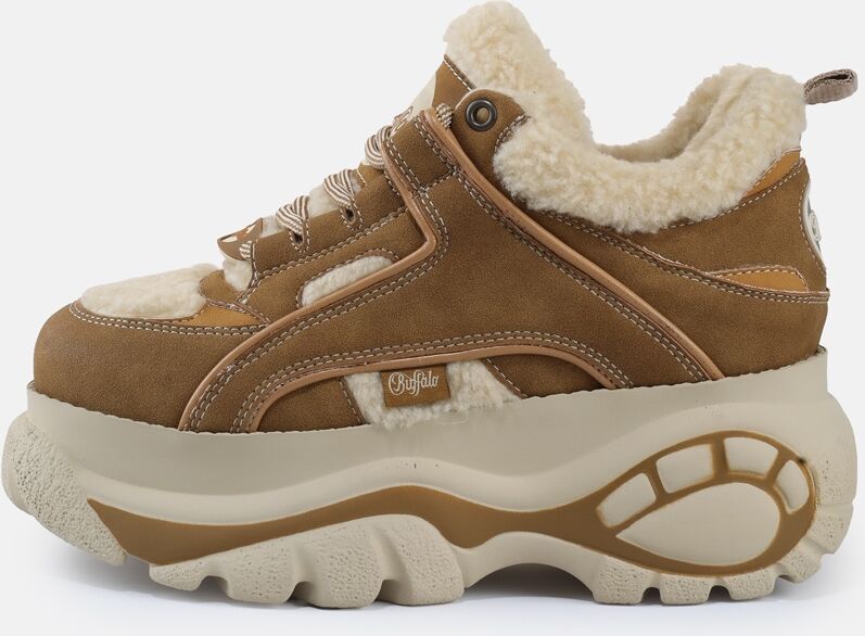 Plateausneaker BUFFALO "REV", Damen, Gr. 38, Warmfutter, braun (cognac, creme), Nubuklederimitat, Schuhe Plateausneaker, Chunky-Sneaker, Freizeitsneaker mit Warmfutter