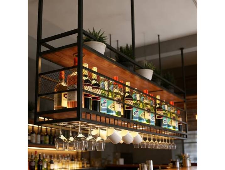RAJYQODIS 2-lagig Industrielles Deckenregal Weinregal (Schwarz, 140cm) Hängendes Weinglasregal aus Metall, Bar-Display Weinlagerhalter, für Bar Restaurant Cafe Küche