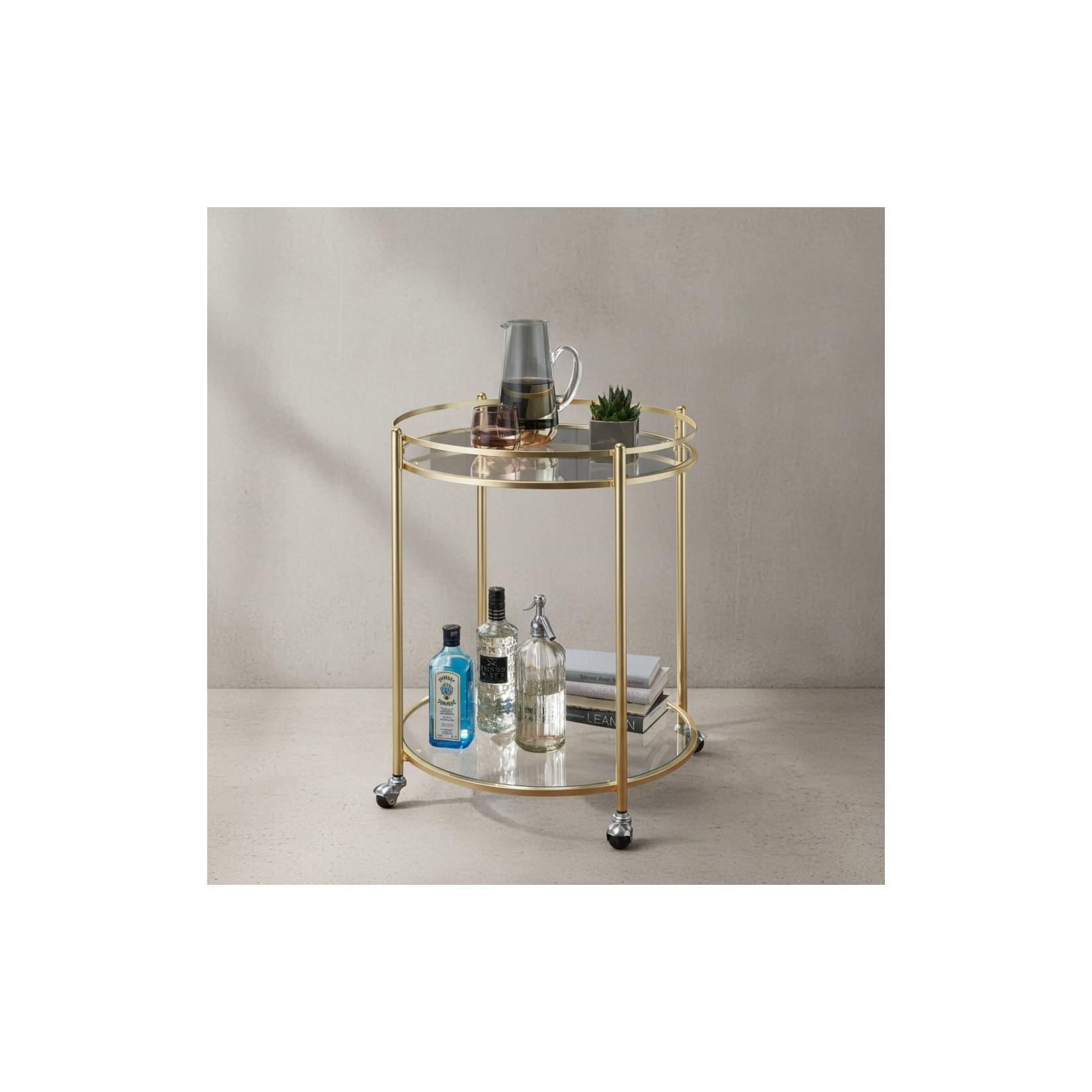 KADIMA DESIGN Goldener Servierwagen, mobiler Beistelltisch, Sicherheitsglas, Mehrzwecknutzung.