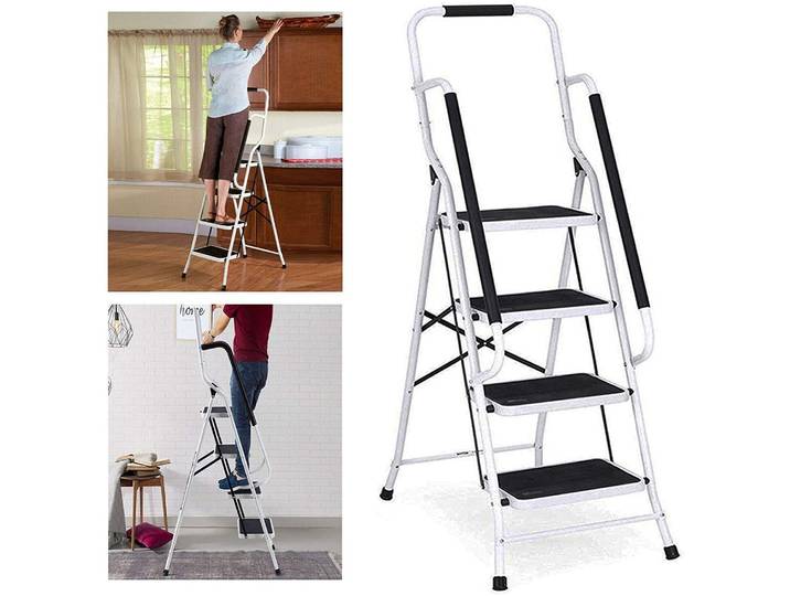 Échelle pliante en acier 4 marches avec main courante de sécurité marche antidérapante charge maximale 150 kg échelle portable solide adaptée à la maison bureau et jardin