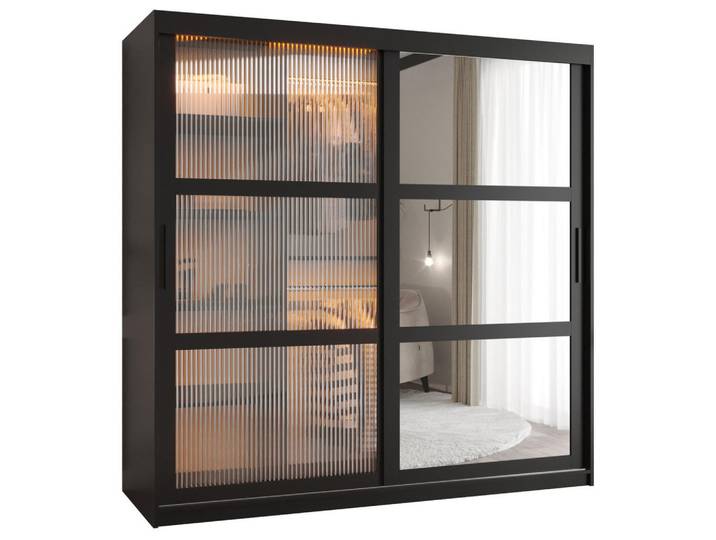 Abiks Möbel Wycofano, Schwarz, Holz, Nachbildung, 9 Fächer, 180x200x62 cm, Schlafzimmer, Kleiderschränke, Schwebetürenschränke