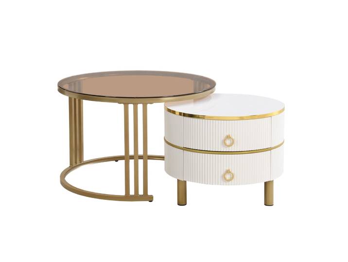 Table basse gigogne luxe blanc et doré 2 tiroirs verre teinté