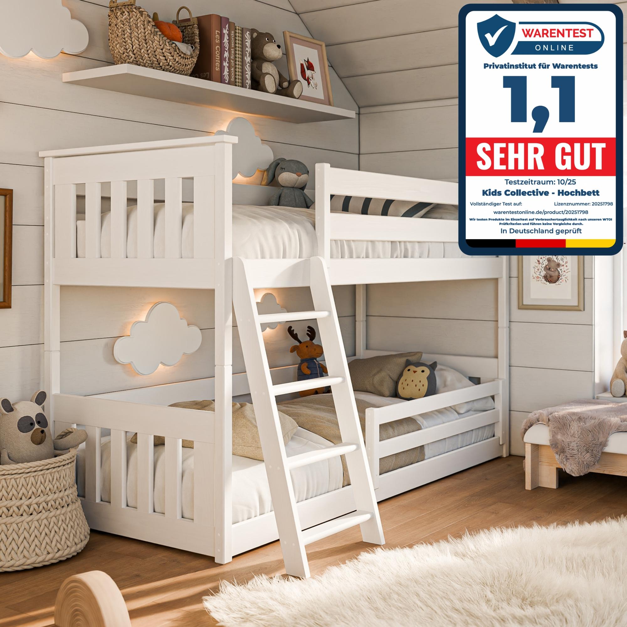 Kids Collective Hochbett 90x200 cm mit Zwei Matratzen, Rausfallschutz & Zwei Lattenroste in weiß Mädchen Jungen Bett Kinderbett Jugendbett 90x200 cm cm | von 4. bis 18. Lebensjahr