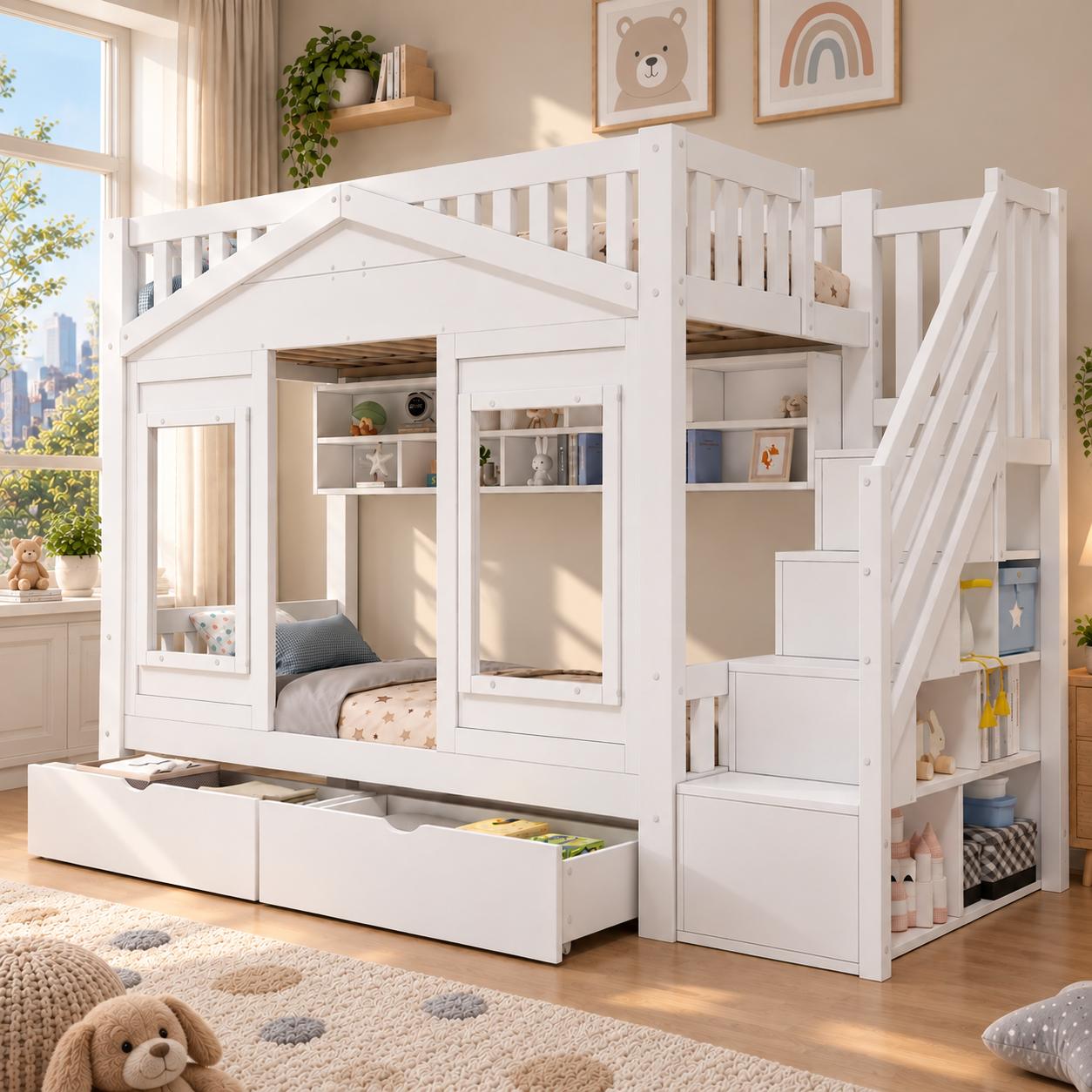 Etagenbett, Hochbett, Kinderbett 90x200cm mit Rausfallschutz und Stauraumtreppe, Jugendbett, mit Fenster, Massivholz, weiß