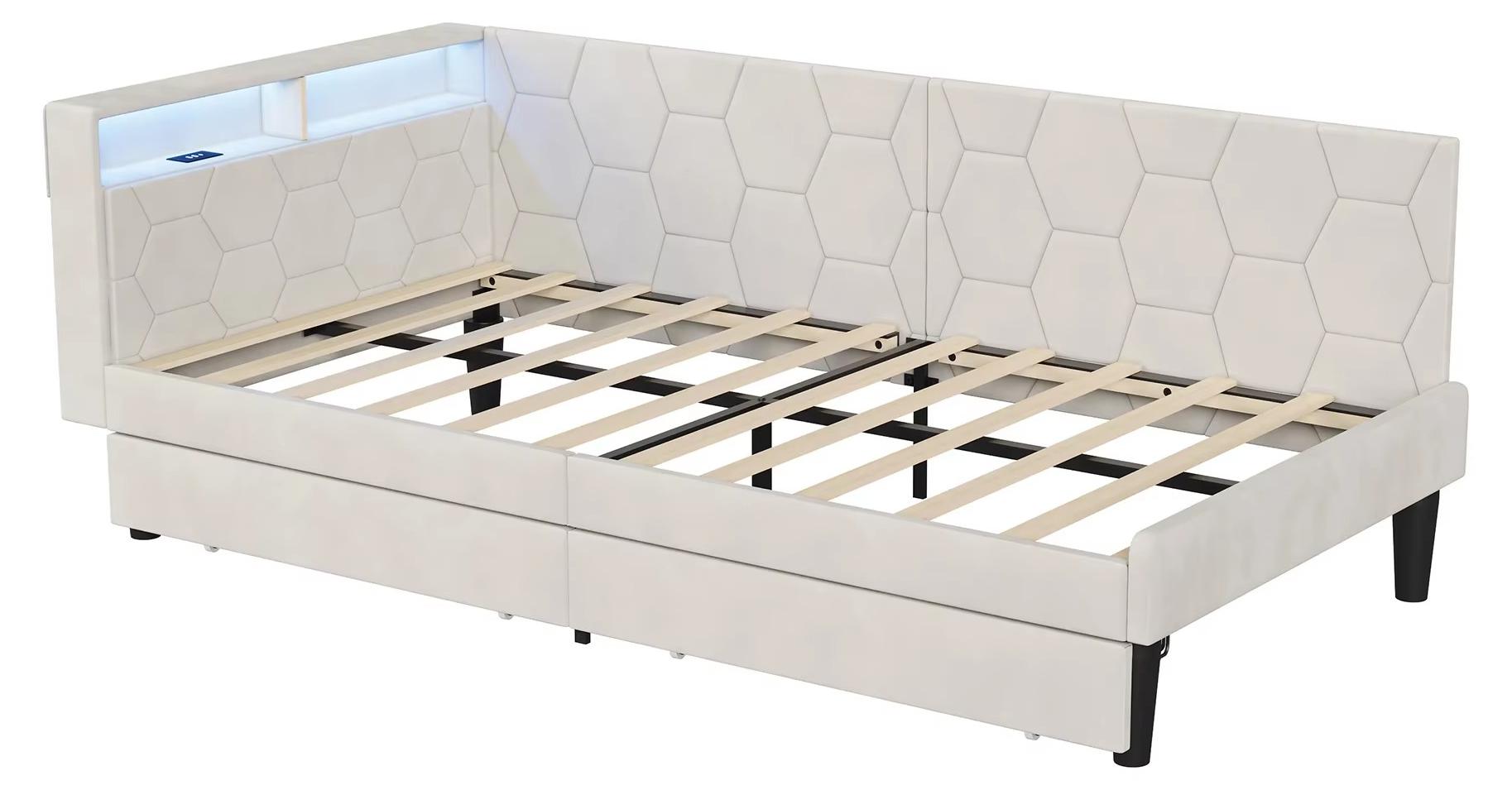 Kinderbett 90 x 200 cm - Einzelbett - Schlafsofa - Stauraum - Rückenlehne - Samtbezug - Beige