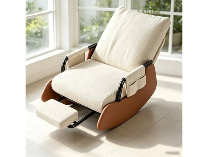Relaxsessel mit Hocker mit Praktischer Seitentasche Bequemer Schaukelsessel mit 60cm breiter Sitzfläche und platzsparender Beinauflage fürs Wohnzimmer.