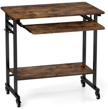 Costway Rolling Laptop Table with Pull-out Keyboard Tray and Hooks-Rustic Brown