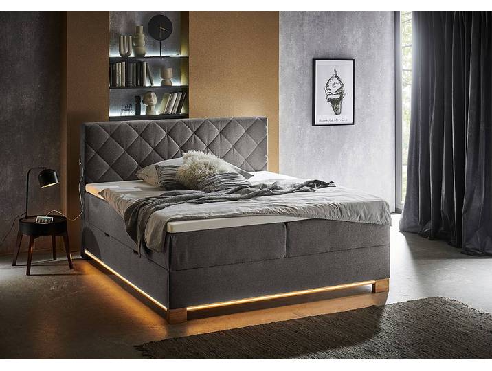 Beleuchtetes Boxspringbett Messina 160 x 200cm Webstoff Asha Grau Eiche