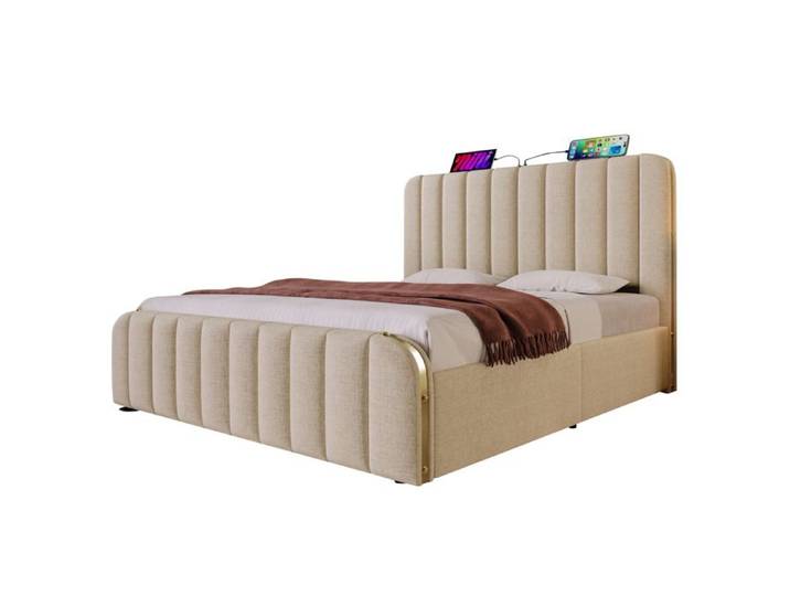 Polsterbett 140x200 cm beige Leinen mit gepolstertem Kopfteil goldene Zierstreifen 4 Schubladen USB Typ-C Ladefunktion