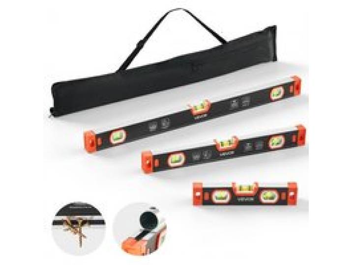 VEVOR 3 tlg. Wasserwaage Set, 225/400/600 mm Richtwaage mit 3 Libellen 90°/45°/0° & 0,5mm/m Genauigkeit, Meganetische Maurerwaage mit V-Nut & Aufhängeloch, Messwerkzeug für Baustelle Hausrenovierung