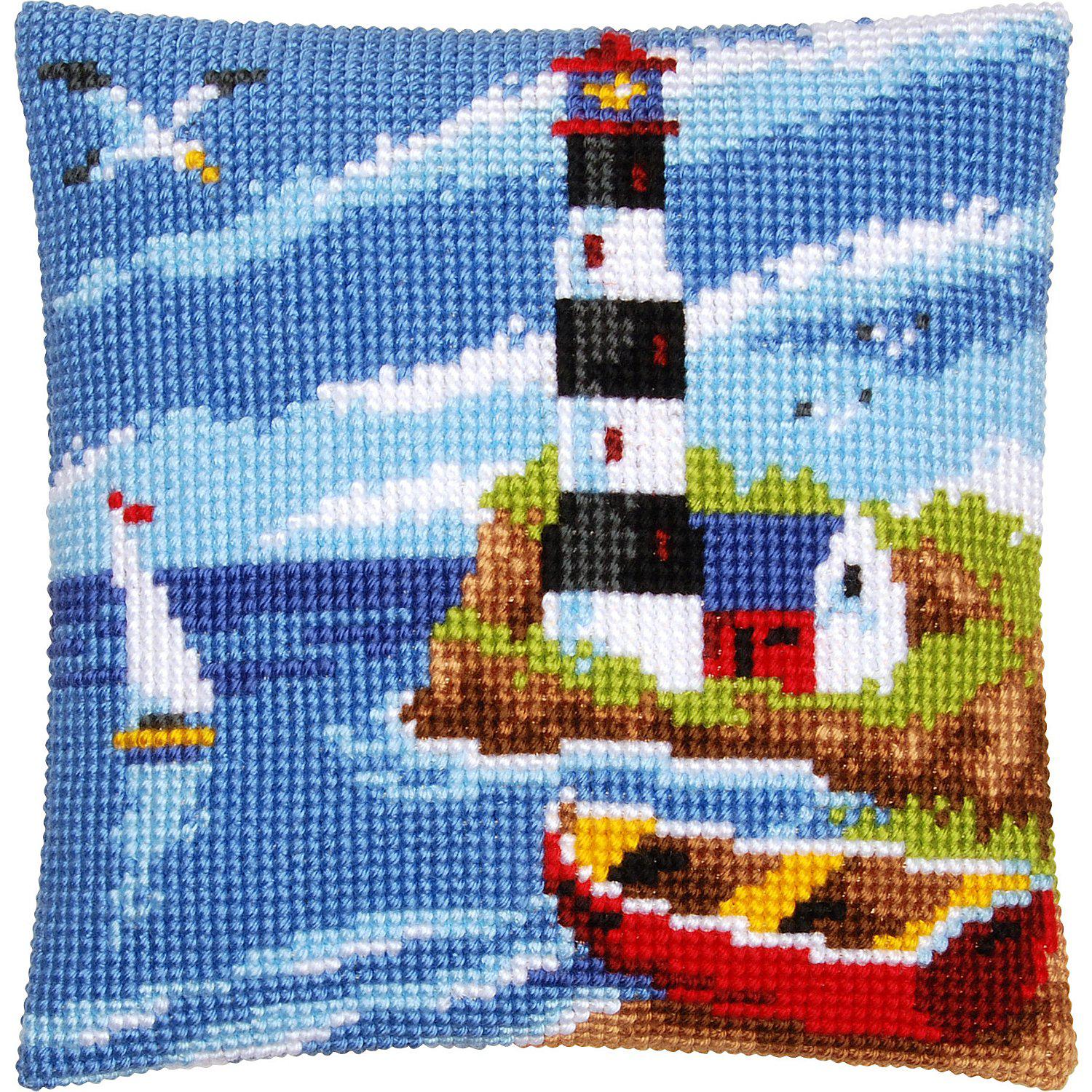 Kreuzstichkissen "Leuchtturm & Boote"
