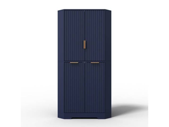 Buffet 60x60x172cm Bleu MDF 4 Portes - Meuble De Rangement - Angle Design Nervuré Étagères Réglables Gain de Place Anti-bascule