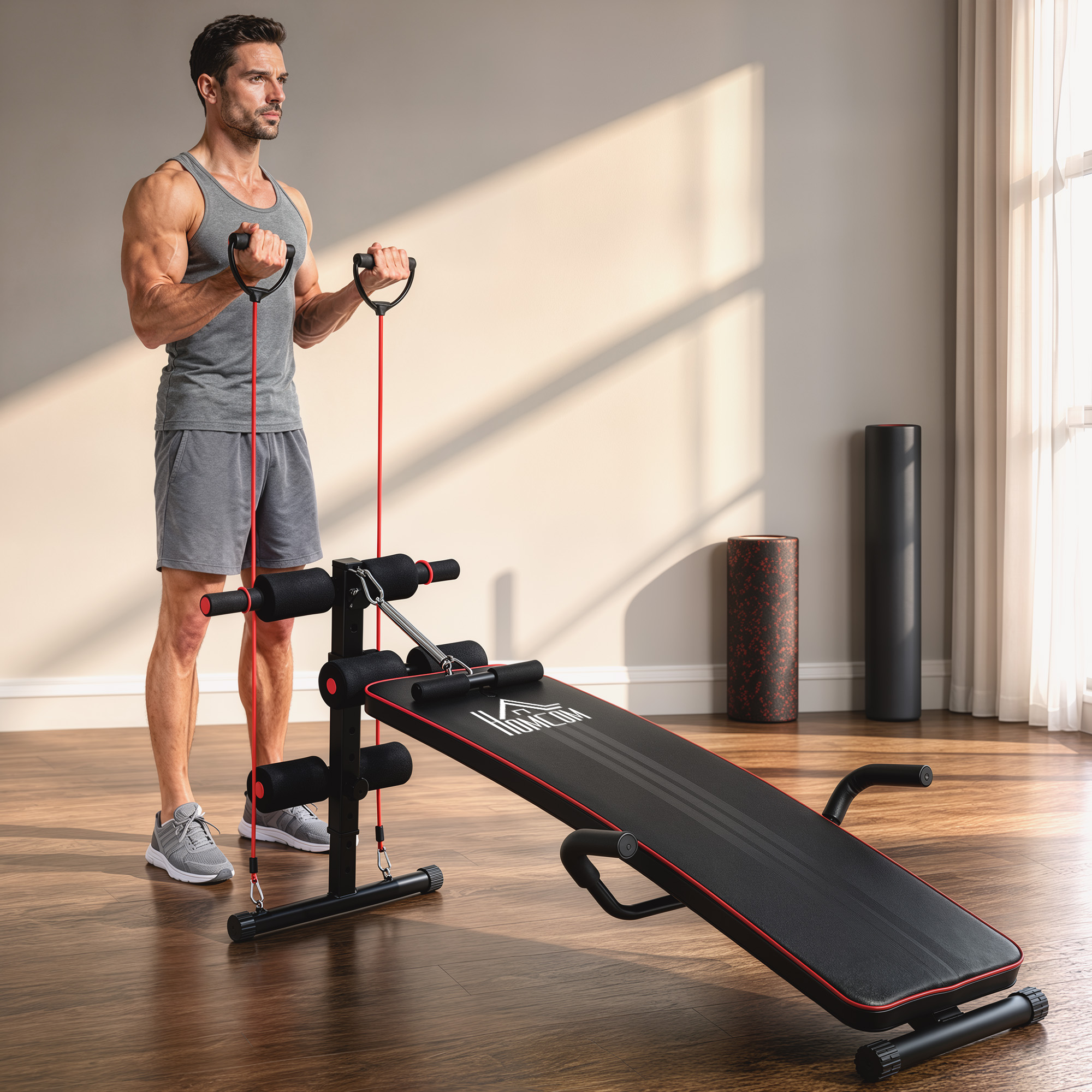 Homcom Panca Multifunzione Panca per Addominali a Casa, Votagore a molla con Schienale Regolabile e 2 Corde Elastiche, 55.5 x 137.5 cm Nero Aosom